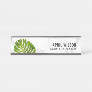 PORTE-NOM POUR BUREAU MARBRE COULEUR D'EAU VERT MONSTERA FEUILLE DE FEUI
