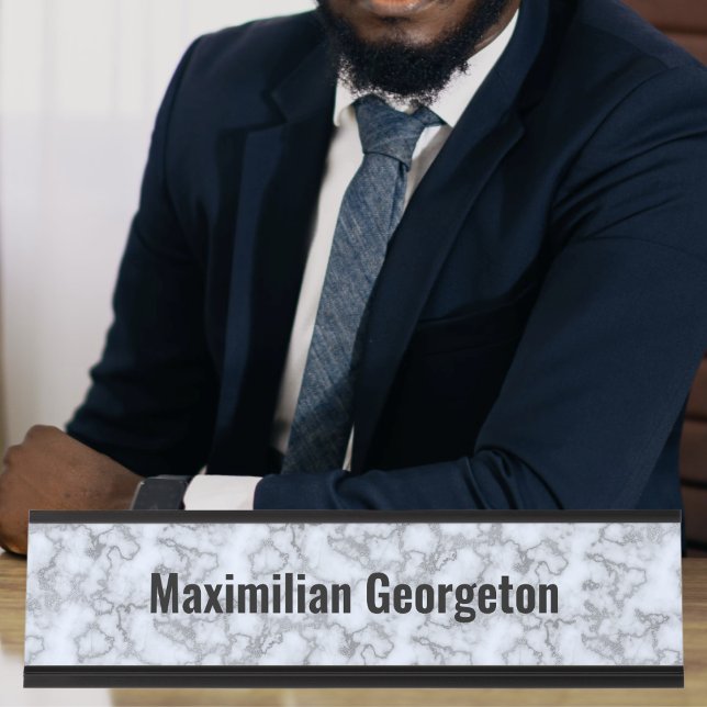 Porte-nom Pour Bureau Marbre gris argent Faux - Neutre pour n'importe qu (Faux Silver Gray Marble - Neutral for any office Desk Name Plate by Office Accessories Shop)