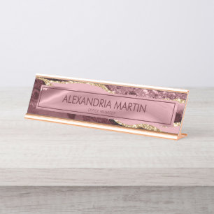 Porte-nom Pour Bureau Marbre Moderne Bourgogne Rose Paillettes D'or Agat