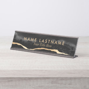 Porte-nom Pour Bureau Marbre moderne de luxe noir gris or Agate