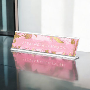 Porte-nom Pour Bureau Marbre moderne rose, blanc et or