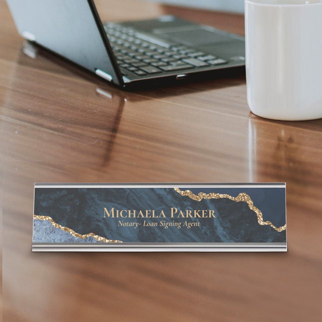 Porte-nom Pour Bureau Marine Blue Gold Agate Géode Élégante Entreprise (Créateur téléchargé)