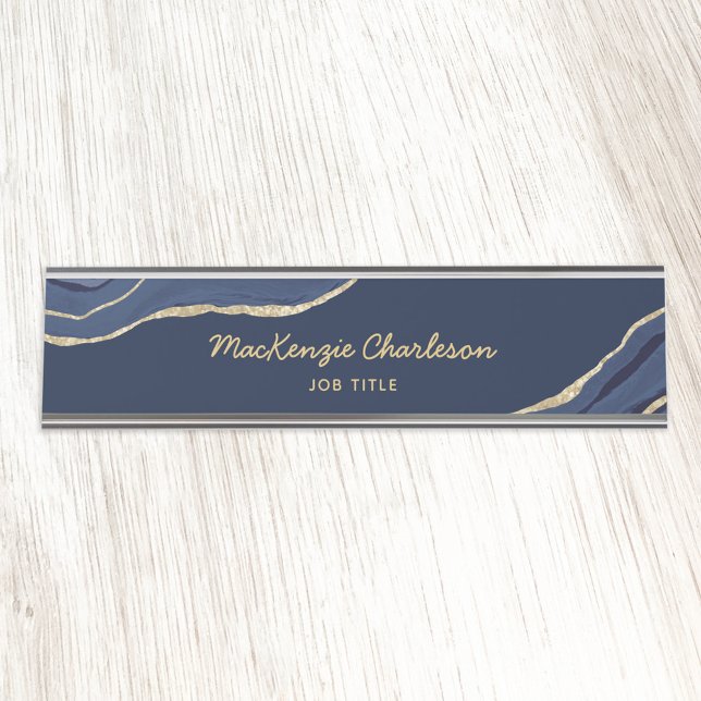 Porte-nom Pour Bureau Marine Blue Marble Agate Gold Parties scintillant  (Créateur téléchargé)