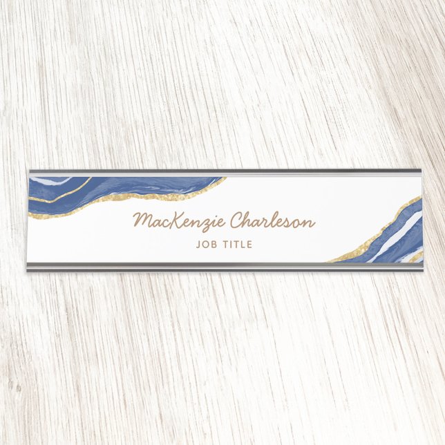 Porte-nom Pour Bureau Marine Blue Marble Agate Gold Parties scintillant  (Créateur téléchargé)
