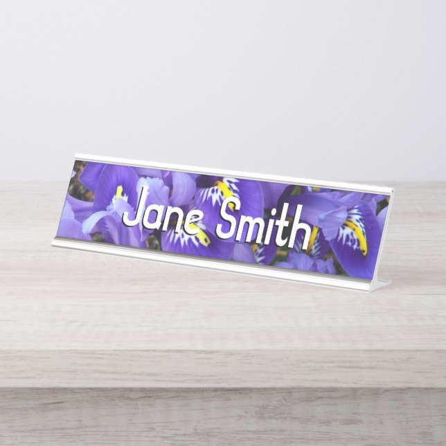 Porte-nom Pour Bureau Miniature Bleu Irises Printemps Floral (Devant)