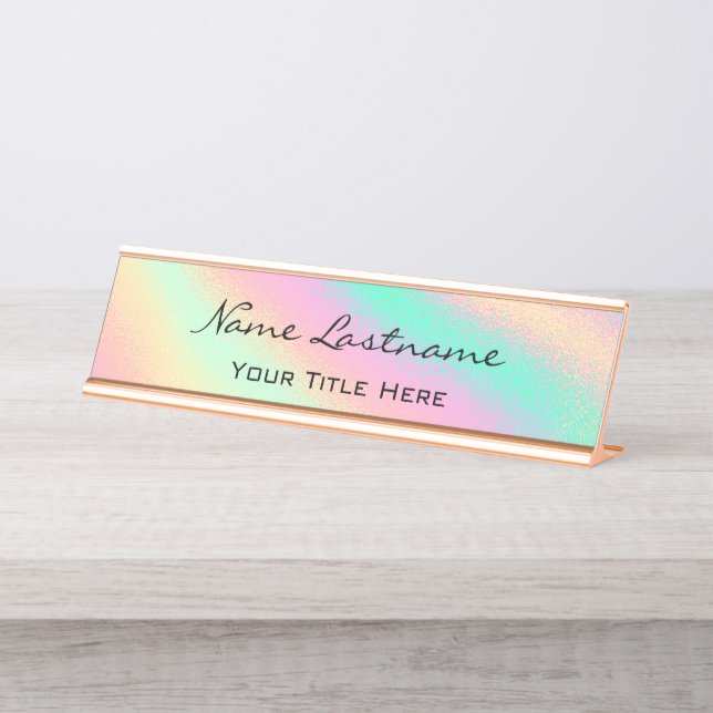 Porte-nom Pour Bureau Minimalisme Rose Personnalisé Élégant Holographiqu (Devant)