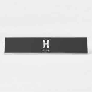 PORTE-NOM POUR BUREAU MINIMALISTE BLANC MONOGRAMME À UNE LETTRE NOM NOIR