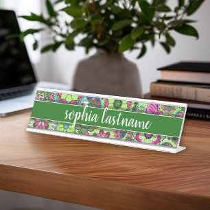 Porte-nom Pour Bureau Modèle floral vert Funky Signature manuscrite