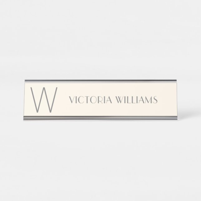 Porte-nom Pour Bureau Modern ivory gray minimum monogram name (Devant)