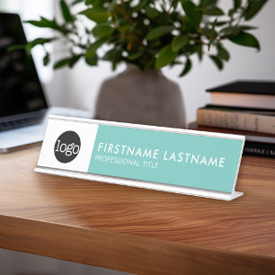 Porte-nom Pour Bureau Moderne Aqua Bleu et Blanc - Ajouter Logo, Nom, Ti