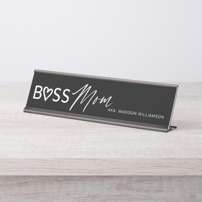 Porte-nom Pour Bureau Moderne maman boss noir et blanc élégant (Devant)