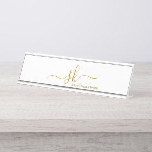 Porte-nom Pour Bureau Monogram Gold Script Calligraphie moderne personna