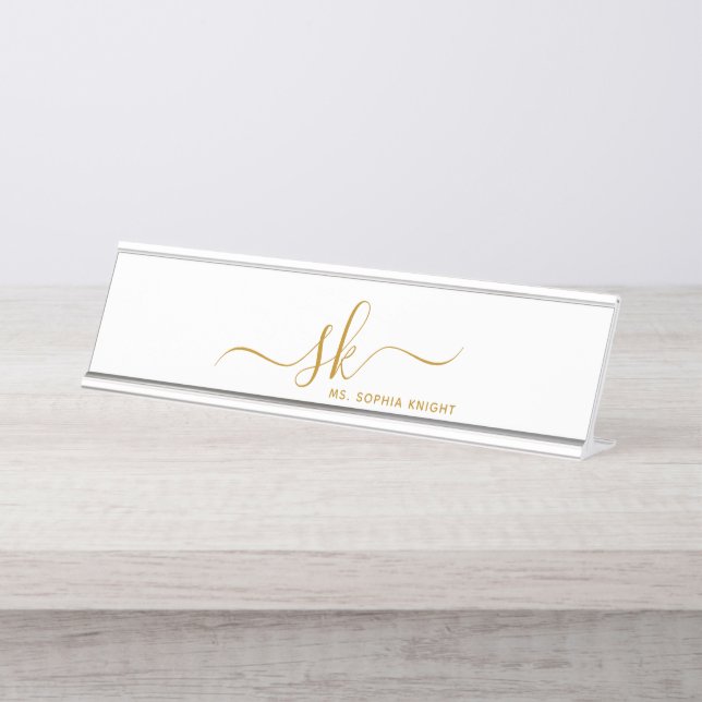 Porte-nom Pour Bureau Monogram Gold Script Calligraphie moderne personna (Devant)