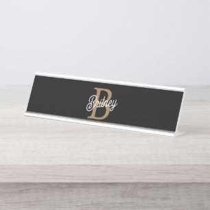 Porte-nom Pour Bureau Monogramme moderne élégant Nom Black Gold Script