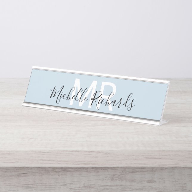 Porte-nom Pour Bureau Monogramme moderne minimaliste de nom bleu clair (Devant)
