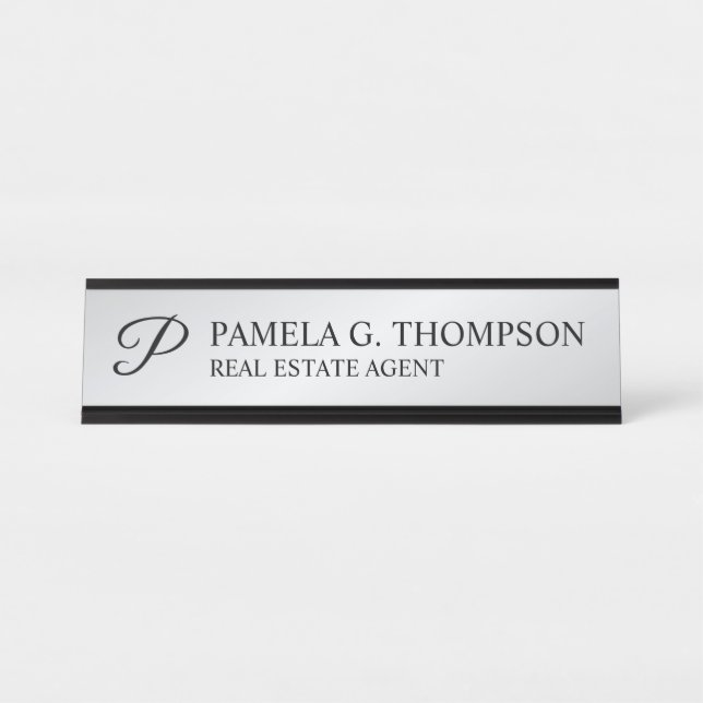 Porte-nom Pour Bureau Monogramme moderne noir et argent (Devant)