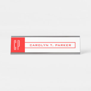 Porte-nom Pour Bureau Monogramme moderne Professionnel Nom simple Rouge 