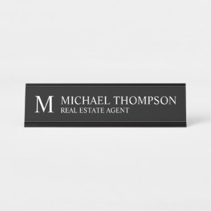 Porte-nom Pour Bureau Monogramme professionnel noir et blanc