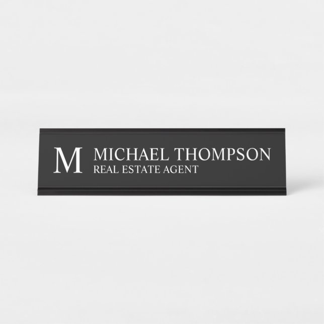 Porte-nom Pour Bureau Monogramme professionnel noir et blanc (Devant)
