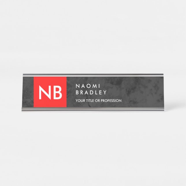 Porte-nom Pour Bureau Monogramme rouge gris Motif moderne (Devant)