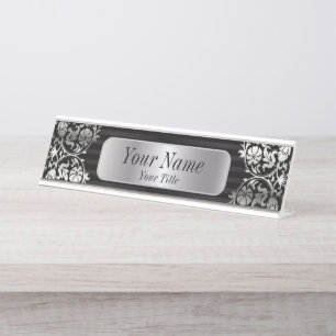 Porte-nom Pour Bureau Motif Damas en gris argenté et noir   Texte do-it-
