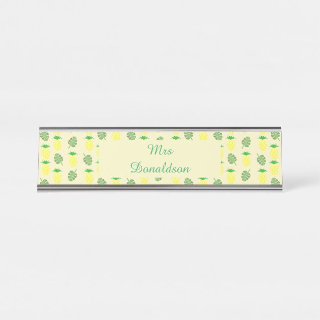 Porte-nom Pour Bureau Motif Feuille d'ananas et de palmiers tropicaux d' (Devant)