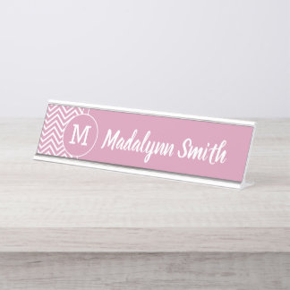Porte-nom Pour Bureau Motif Girl Chevron avec Monogramme - Rose rose