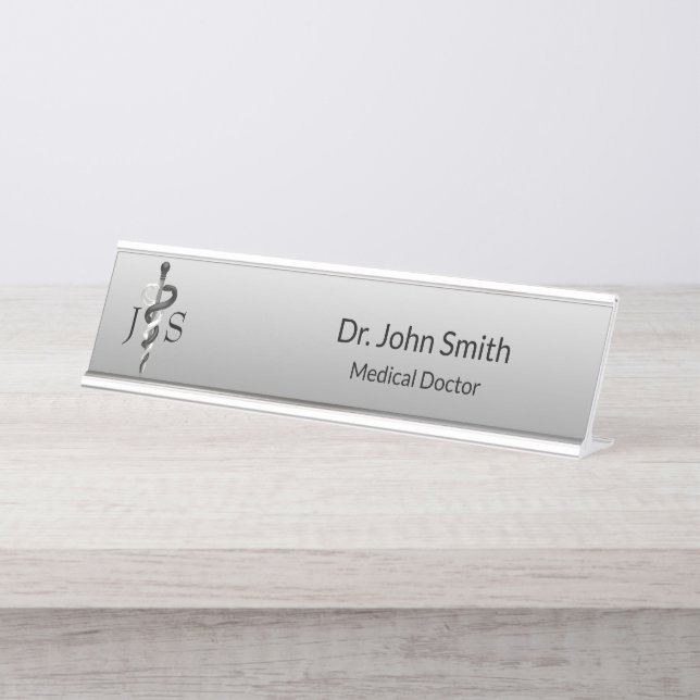 Porte-nom Pour Bureau Noble Médicale élégant noir blanc Asclepius (Devant)