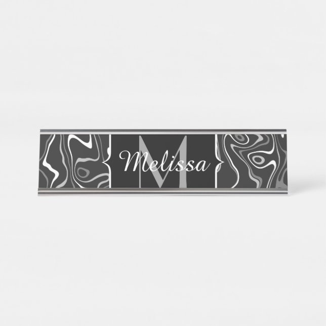 Porte-nom Pour Bureau Noir blanc gris damas tourbillons abstraits Monogr (Devant)