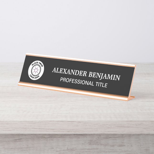 Porte-nom Pour Bureau Noir Blanc Logo Moderne Elégant Personnaliser (Devant)