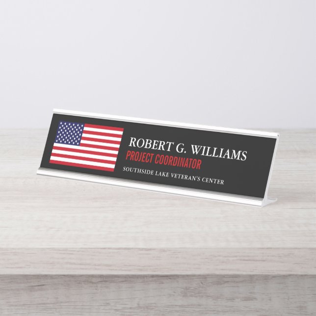 Porte-nom Pour Bureau Noir customisé de drapeau américain (Devant)