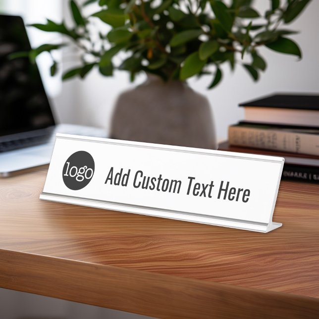 Porte-nom Pour Bureau Noir et blanc avec Logo Texte personnalisé (Custom Name Plate for Desk or Office)