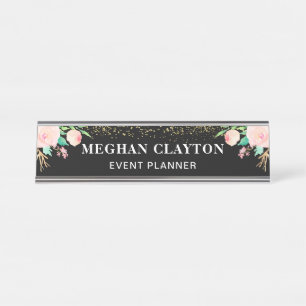 Porte-nom Pour Bureau Noir floral de rose élégant d'aquarelle