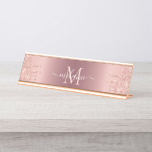 Porte-nom Pour Bureau Nom du monogramme Rose texte Parties scintillant d