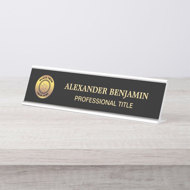 Porte-nom Pour Bureau Nom Logo Black Gold Professional Moderne (Devant)