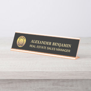 Porte-nom Pour Bureau Nom moderne Black Gold Logo Professionnel