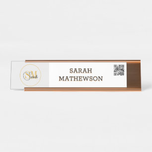 Porte-nom Pour Bureau Nom monogramme et signature élégante / code QR