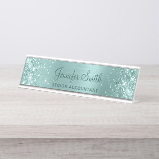 Porte-nom Pour Bureau Pailleté Turquoise Pâle Feuille