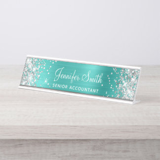 Porte-nom Pour Bureau Paillettes Argentées Faux Turquoise Clair Feuille