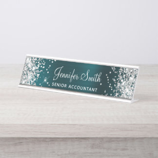 Porte-nom Pour Bureau Paillettes Argentées Faux Turquoise Foncé Feuille