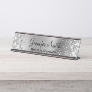 Porte-nom Pour Bureau Paillettes Faux Argent Féminin Brillantes