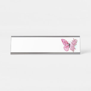 Porte-nom Pour Bureau Papillon à fleurs avec Sakura rose