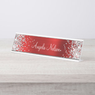 Porte-nom Pour Bureau Parties scintillant d'argent Faux Ruby Red Foil