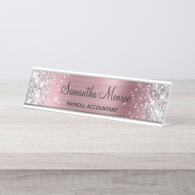 Porte-nom Pour Bureau Parties scintillant d'argent rose pâle (Devant)