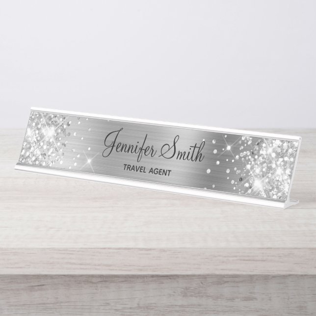 Porte-nom Pour Bureau Parties scintillant et huile d'argent (Devant)