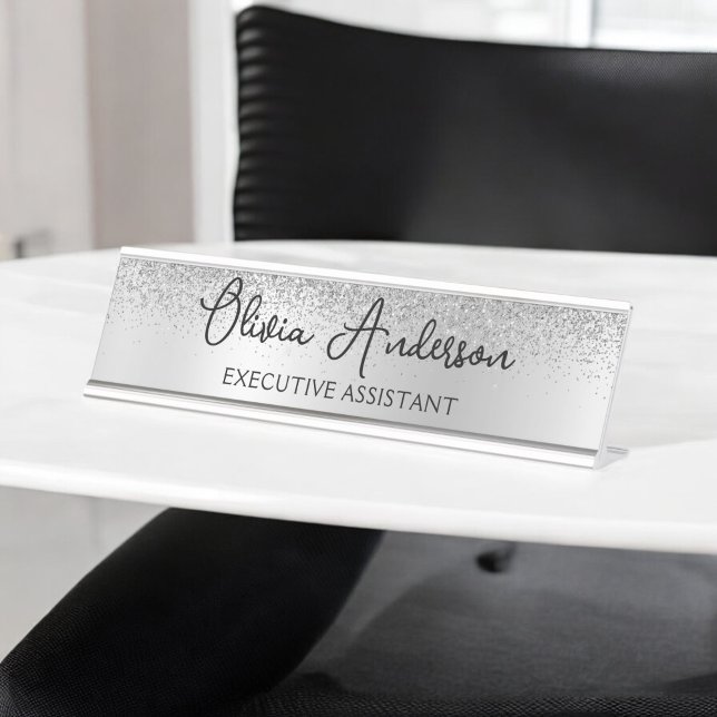 Porte-nom Pour Bureau Parties scintillant Monogramme Argent Sparkle Girl (Créateur téléchargé)