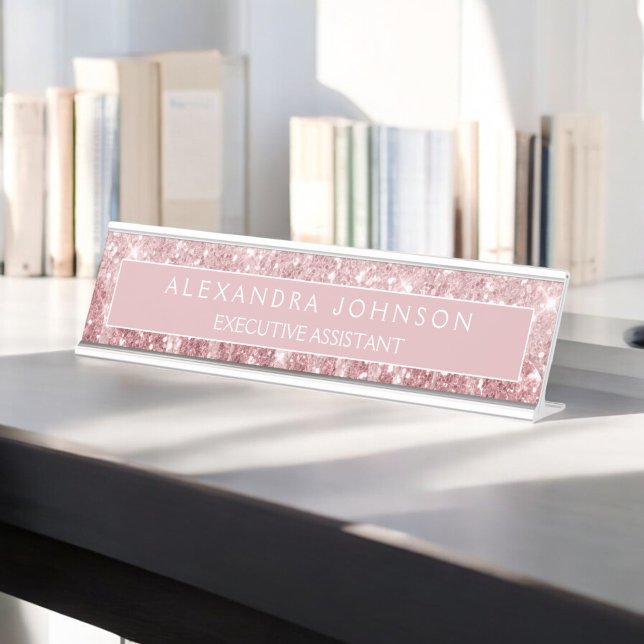 Porte-nom Pour Bureau Parties scintillant or rose | Vitre rose pâle (Créateur téléchargé)