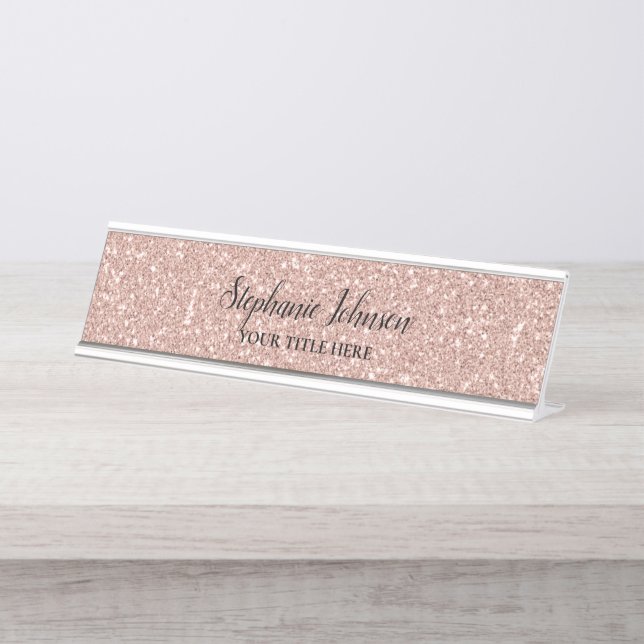 Porte-nom Pour Bureau Personalized Faux Rose Gold Glitter (Devant)