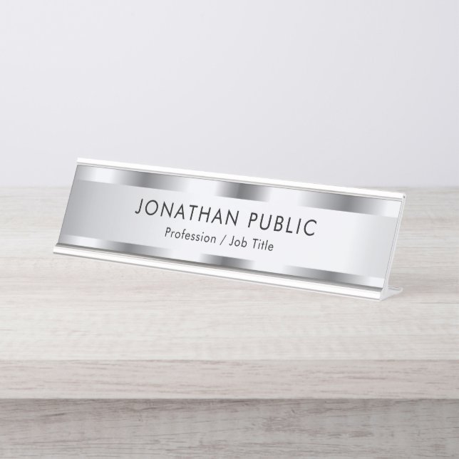 Porte-nom Pour Bureau Personnalisez Silver Look Glamour Élégant Moderne (Devant)