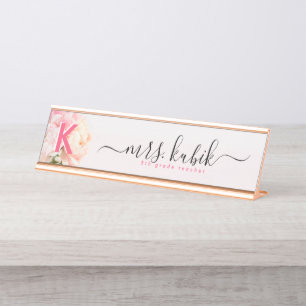Porte-nom Pour Bureau Pink Peony Rose Gold Bureau de l'enseignant Nom Pl